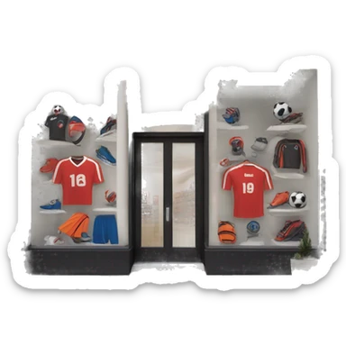 “Soccer store exterior with bold signage, large windows showcasing football gear, jerseys, and accessories, and a dynamic, athletic design reflecting the energy of the sport.” sticker
