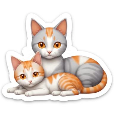 full body of a grey and white cat cuddling a very small + skinny ginger and white kitten with deep orange eyes and triangular shaped face lying down sticker
