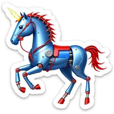 Fast running electric horse made of electricity, metal plates, bolts, blue and red wires, with lightning emanating from its body sticker