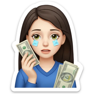 brunette girl drying her tears with money bills holding cash to her face sticker