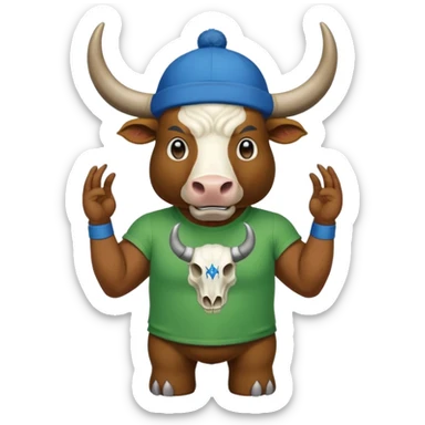 a bull wearing a green cap leveled WAGMI and wearing a blue t shirt and WAGMI designed with bulls skull and horn sticker