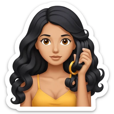 tanned woman with long black hair curling her hair, getting ready sticker