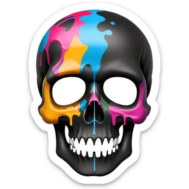 sleek black skull with colorful graffiti paint and brand logos contained within the skull shape, no drips extending beyond the skull outline, front view sticker