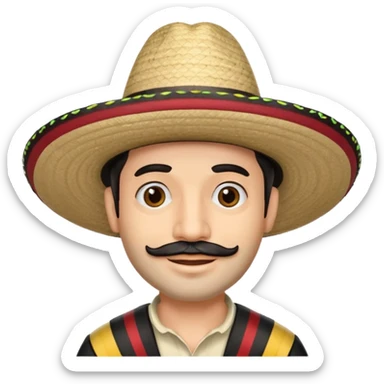 A happy fair skinned Colombian man with minimal facial hair wearing a black and beige stripped Colombian sombrero sticker