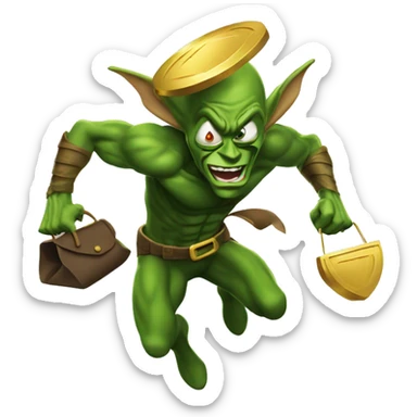 green goblin running and holding a bag of gold coins on his back sticker