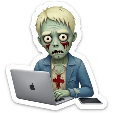 A tired sad zombie behind a laptop sticker