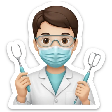 dentist with mask, holding dental tool sticker