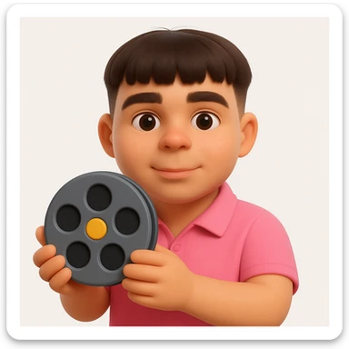 Create a 3D emoji style image of this person holding a cinema symbol such as a film reel or clapperboard. The style should resemble Microsoft style 3D fluent emojis with smooth, rounded shapes and vibrant colors. Focus on capturing the person's likeness and the cinema symbol in a clear and playful 3D emoji form. sticker