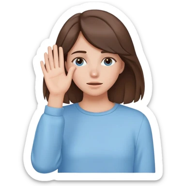 brunette girl with brown hair wearing pastel blue clothes covering her face with her hand sticker