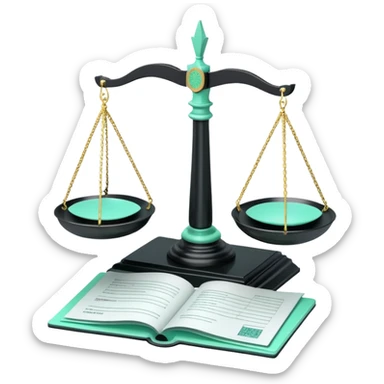 Responsabilité Administrative (Administrative Responsibility), 3D techy icon with black and mint green (#B5F4D3) color scheme, scales of justice with official documents sticker