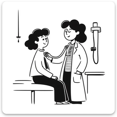 Detailed drawing of physician using stethoscope on patient's chest during cancer screening assessment sticker