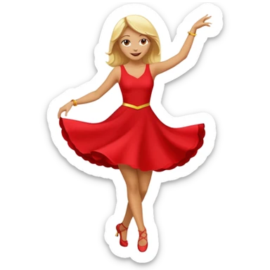a yellow-blonde woman dancing wearing a red dress, in flat emoji / Apple style, smooth shapes, glossy highlights, bright saturated colors, simple features, minimal details, no outlines, red clothes flowing, joyful pose
 sticker