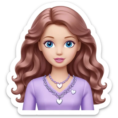 Barbie girl Chestnut long wavy hair and blue eyes is In pale purple clothes There are silver hearts all around sticker