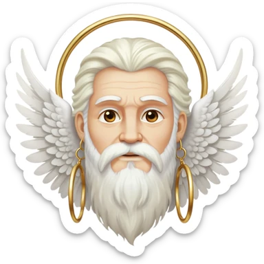 Zeus-like deity with large white feathered wings, long white hair and beard, wise expression, gold hoop earrings hanging from ears sticker