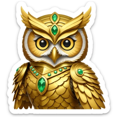 owl warrior wearing golden armor embedded with emerald jewels

 sticker