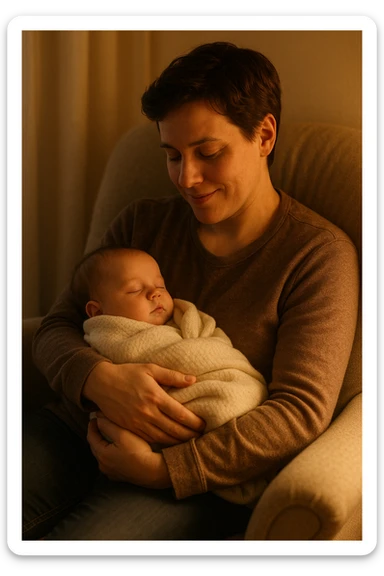 A gentle, heartwarming scene: a parent sitting on a plush chair, holding a sleeping baby wrapped in a blanket, soft warm light, calm and safe atmosphere, loving gaze. sticker