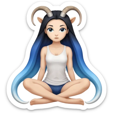 Art of a human white woman's very perfect body scheme anatomy-very long straight black to blue hair ombre-small goat horns-lean back-on knees sticker