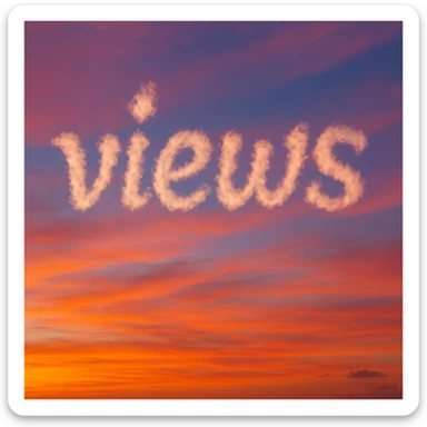 A cloud formation shaped like the word "views" with a sunset background sticker
