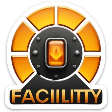 glowing amber industrial emblem above bold text reading “THE FACILITY”, dark background, clean typography, sci-fi bunker aesthetic, high contrast, sticker