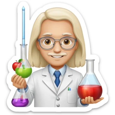 Mendeleev in a laboratory coat holding test tubes and flasks, smiling, apple emoji style sticker