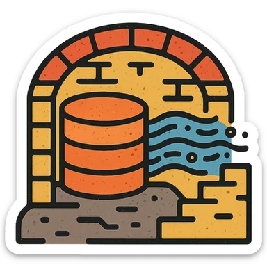 stacked database cylinders in a basement or underground setting with arched brickwork, stairs, or stone walls, flowing abstract data streams with lines, dots, or waves, worn and distressed effect, detailed icon sticker