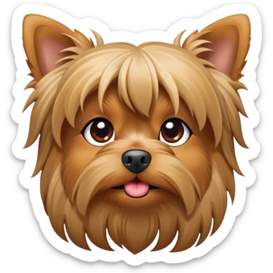 Cinematic Cute Yawning Yorkshire Terrier Portrait Emoji, Head tilted with a playful, drowsy expression and droopy, adorable eyes, featuring a soft, well-groomed fur in rich hues, simplified yet irresistibly endearing, highly detailed, glowing with a warm, cozy radiance, high shine, exuding a relaxed yet spunky charm, styled with a gentle, soft glowing outline, capturing the essence of a Yorkshire Terrier mid-yawn that seems as if it could cuddle right off the screen! sticker