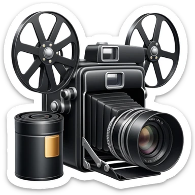 Vintage film camera with a traditional roll of 35mm film next to it sticker