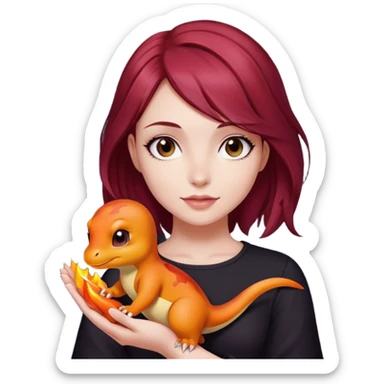 Beautiful burgundy haired girl holding charmander sticker
