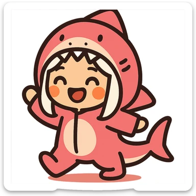 cute cartoon style girl with white hair wearing a pink shark onesie, very cute happy expression sticker