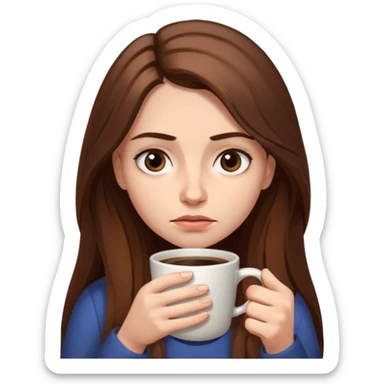 create a woman long hair brown, holding her cup of coffee looking exausted  sticker