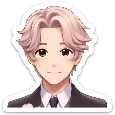 Gorgeous romantic hot attractive anime style formal modern gentlemanly anime shojo guy with pretty hair and flower petals and blushing face aesthetic trending style  pastelcore cottagecore kawaiicore sticker