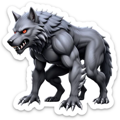 cinematic-noble-fierce-werewolf-full body on all fours-emoji, poised-and-imposing, with a tall, lean, and muscular wolfish frame inspired by the brutal, imposing shape of the beast from Berserk, fur rippling in shades of midnight black and silver, massive paws with razor-sharp claws, elongated limbs and fangs, eyes glowing with an intense, primal ferocity, reflecting the untamed power of the wild moonlit night; rendered with realism like a wolf hunched over sticker