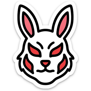 intricate white rabbit mask with red accents, evil expression sticker