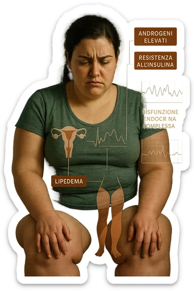 cinematic realistic in italiano Woman with PCOS struggling with hormonal chaos, transparent overlay showing elevated androgens and insulin resistance affecting her body, lipedema causing disproportionate fat accumulation in legs and arms despite normal torso, expression of frustration with unexplained weight gain, medical charts showing complex endocrine dysfunction, painful swollen limbs contrasting with metabolic confusion sticker