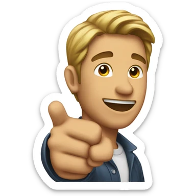 man pointing at his ear sticker