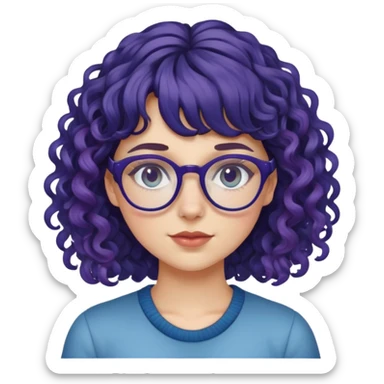 A white girl With glasses, curly hair , bangs and purplish blue highlights  sticker