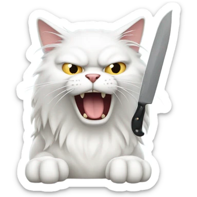 Angry long haired white cat holding knife sticker