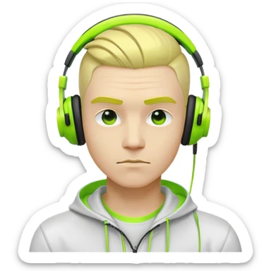 yellow-skinned guy head with slicked back black undercut hair and neon green headphones, cool expression sticker