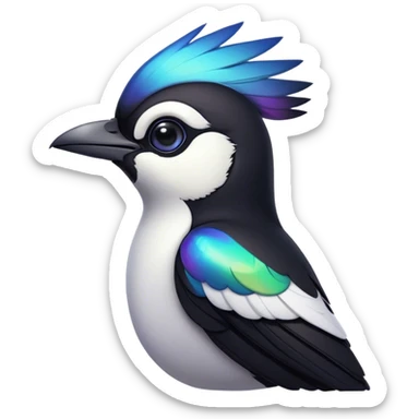 Cinematic Noble Magpie Portrait Emoji, Poised and sleek, with striking, iridescent black and white plumage, a sharp, inquisitive beak, and intense, observant eyes, Simplified yet sharp and sophisticated features, highly detailed, glowing with a soft, urban gleam, high shine, intelligent and graceful, stylized with an air of mischievous charm, focused and alert, soft glowing outline, capturing the essence of a watchful and confident magpie that appears ready to dart out of the screen with effortless authority! sticker