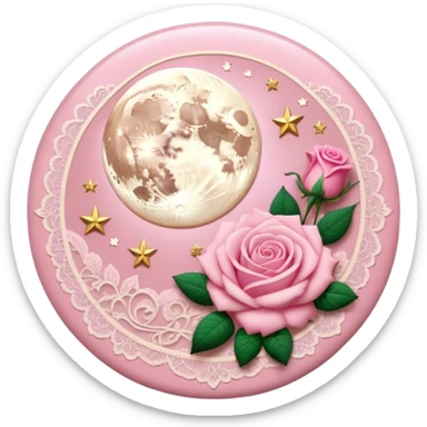 A round pink button with light cream damask lace, a full moon and stars and pink roses in the center sticker