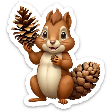 Greedy squirrel with a big pine cone balancing on its head, showing a strange creepy expression, hungry looking sticker