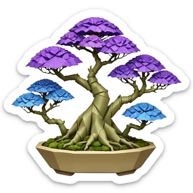 Futuristic wild glowing et alien moss maples Bonsai hair-fine-leaf group multi faceted crystal boxwood purple and cream rose blue informal rocky cliffhanger eight trees forest planting in shallow origami slab style pot with big anthropomorphic feet  sticker