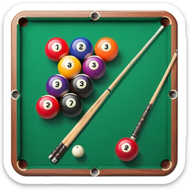 Two crossed pool cues resting on a billiard table, with colorful billiard balls scattered across the surface. The background features the felt of the table, creating an inviting atmosphere for a game of precision and strategy sticker