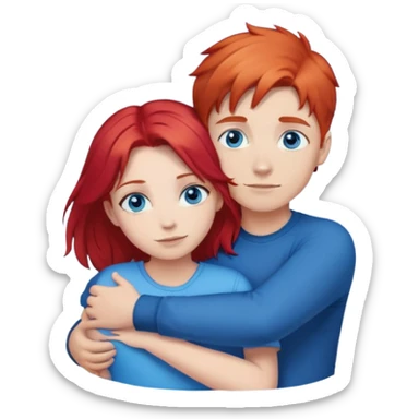 Создай стикер, где пара. Девушка с рыжими волосами, синими глазами, а парень со светлыми волосами, и синими глазами, обнимаются sticker