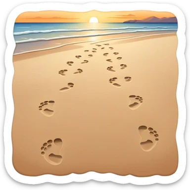 A quiet beach at sunset. Two sets of footprints—one small, the other larger, leading forward. As they continue, the small steps merge into the larger ones, until only one set remains, past and present walking as one. sticker