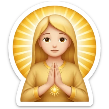 warm peaceful morning prayer emoji with soft golden colors, rays of light, hands in prayer position, serene spiritual symbols, sunrise, new beginnings, gratitude, connection with the divine sticker