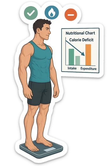 a man stands on a digital scale, looking at a nutrition chart that shows his daily calorie intake is lower than his energy expenditure. Floating icons above his head display a negative calorie balance, and his body appears slightly leaner, with visible muscle definition. The background is a modern clinic, emphasizing the concept of caloric deficit. scritto in italiano sticker