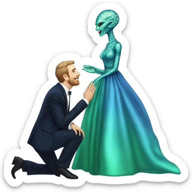 alien reptilian green skin woman, in long slim pastel blue formal party satin dress with gradient shiny sparkling navy blue diamonds embroidered , and caucasian man in black dres on his knees asks her to marry her sticker