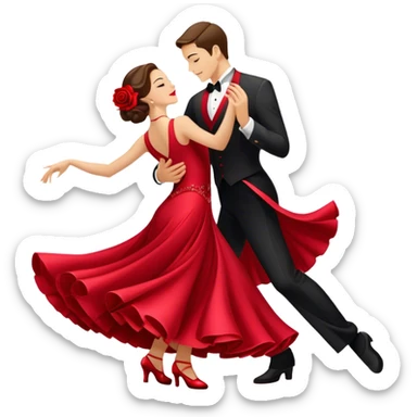 Icon for Ballroom Dancing: a pair of ballroom dance shoes, a rose, a dance floor, a flowing, voluminous ballroom dress in motion, and a shining spotlight. The icon should represent the elegance and atmosphere of ballroom dancing, focusing on the attire and setting. Transparent background. sticker