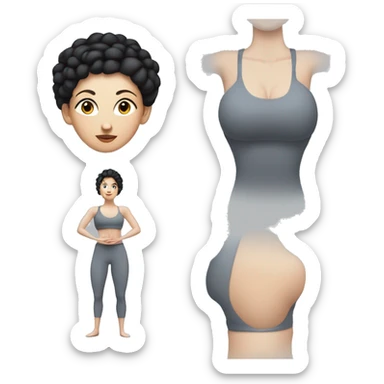 Pale skinned fit woman In a gray tight yoga suit and wristbands With black hair in a bun doing yoga bleu eye  sticker